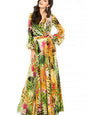 Women's Lantern Sleeve V Neck Tie Leaf Print Swing Dress