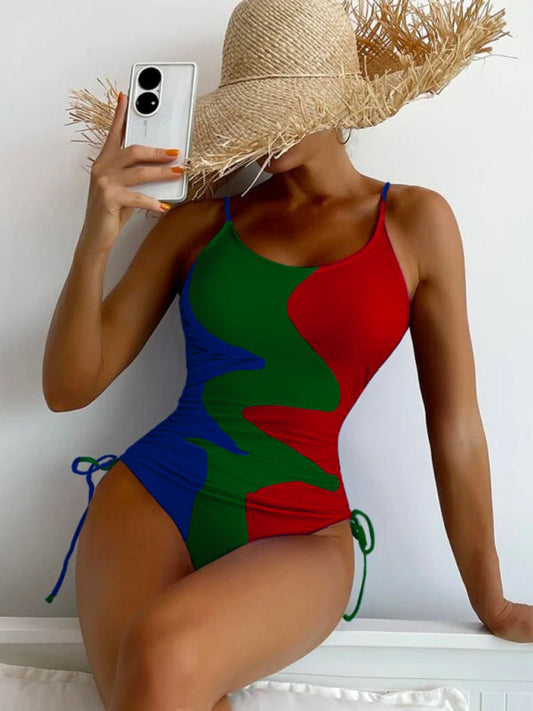 New One-Piece Swimsuit Multicolor Stitching Drawstring Corrugated Ladies Swimsuit