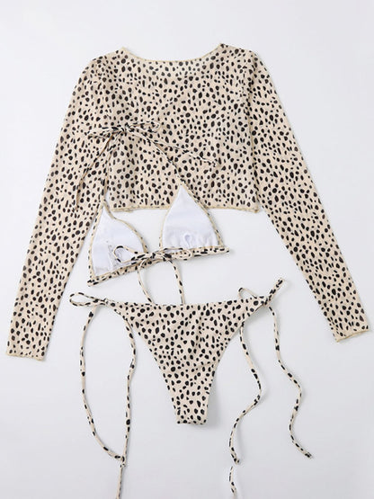 New swimwear long-sleeved mesh jacket ladies three-piece swimsuit leopard print sexy bikini