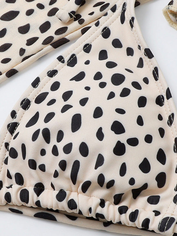 New swimwear long-sleeved mesh jacket ladies three-piece swimsuit leopard print sexy bikini