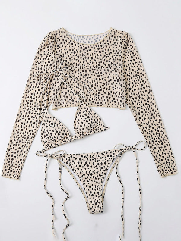 New swimwear long-sleeved mesh jacket ladies three-piece swimsuit leopard print sexy bikini