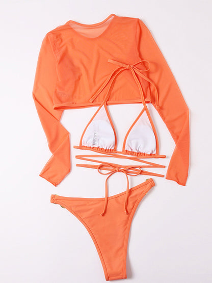 Women's swimsuit long-sleeved mesh jacket three-piece swimsuit solid color sexy bikini