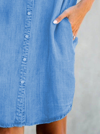 Casual Short-sleeve blue slim-fit denim midi dress