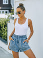 Women's Solid Color Elasticated Waist Pocket Straight Leg Washed Denim Shorts