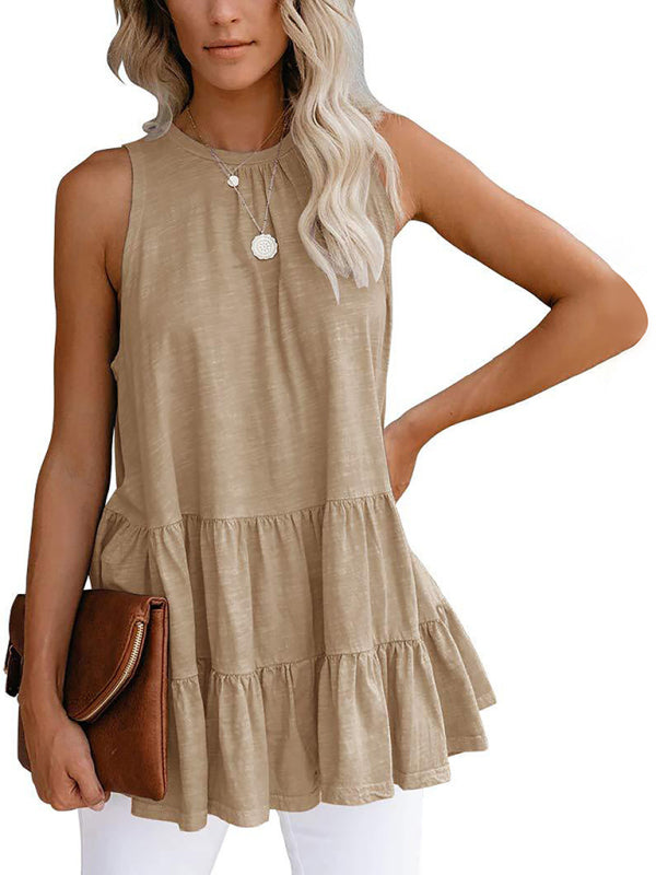 Solid color pullover round neck pleated T-shirt sleeveless tank top women's clothing