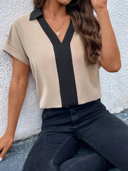 Women's Contrasting Color V-Neck Raglan Sleeve Lapel Loose Top