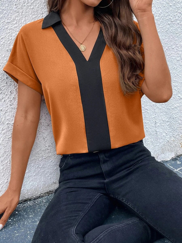 Women's Contrasting Color V-Neck Raglan Sleeve Lapel Loose Top