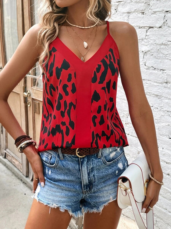 Women's V-neck leopard print stitching solid color camisole top