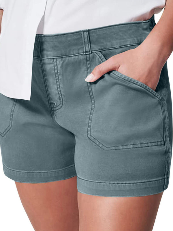 New fashion all-match women's high elastic twill large pocket solid color casual shorts