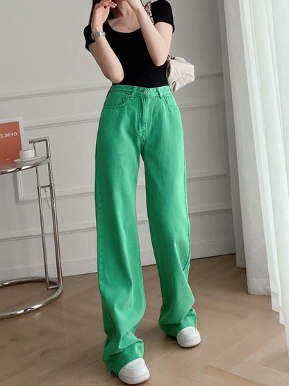 New Street High Waist Casual Straight Leg Wide Leg Pants Female Jeans