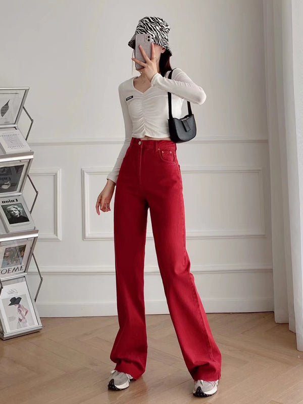 New Street High Waist Casual Straight Leg Wide Leg Pants Female Jeans