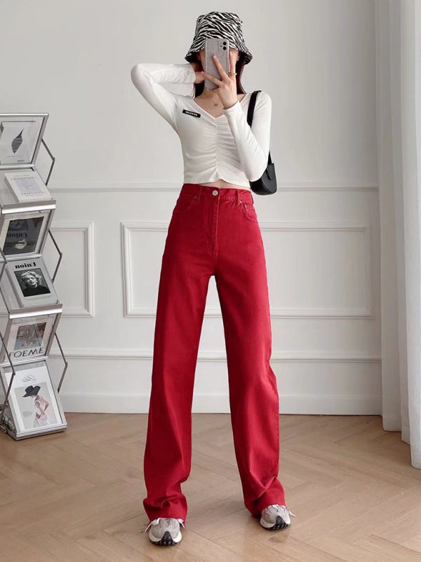 New Street High Waist Casual Straight Leg Wide Leg Pants Female Jeans