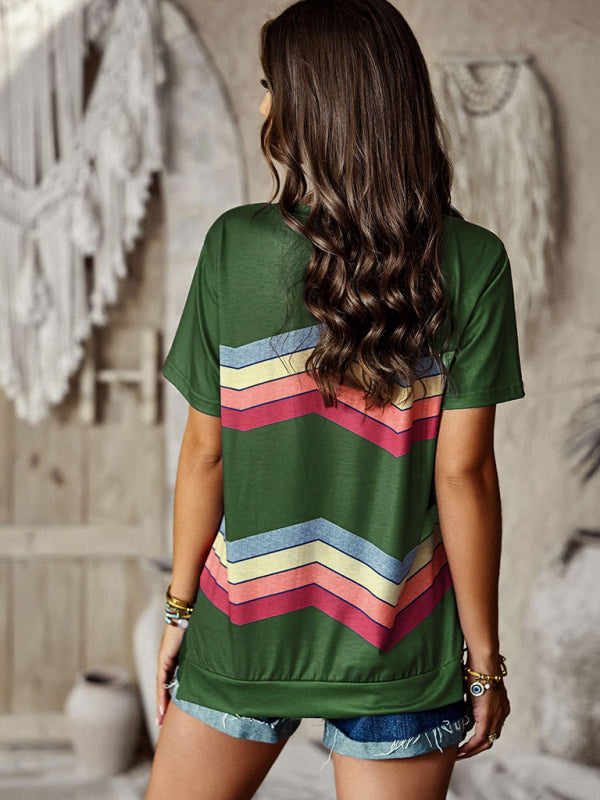 New round neck T-shirt rainbow strip top