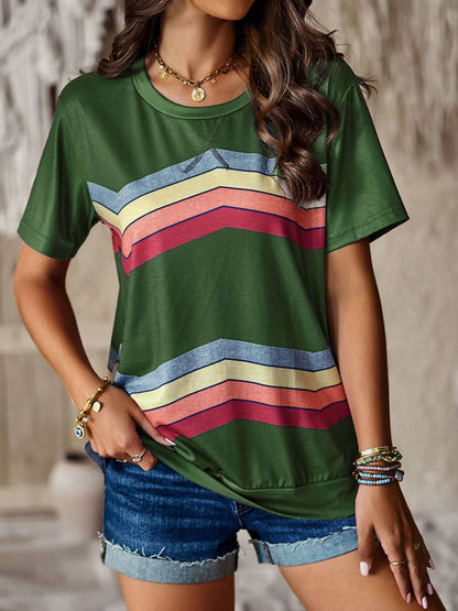 New round neck T-shirt rainbow strip top