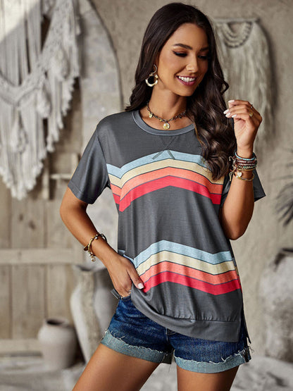 New round neck T-shirt rainbow strip top