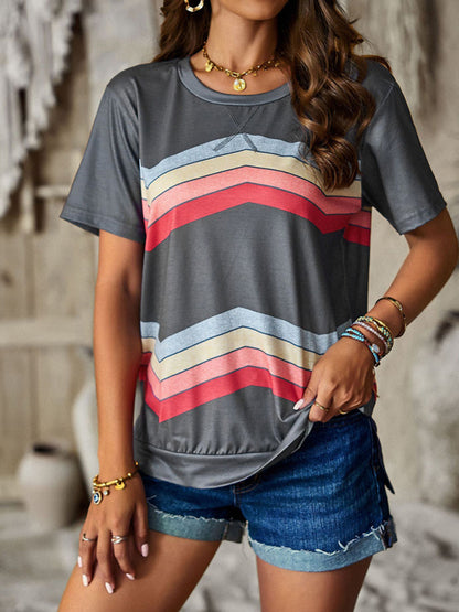 New round neck T-shirt rainbow strip top