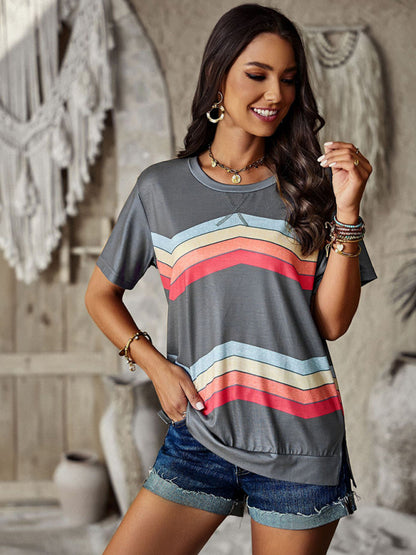 New round neck T-shirt rainbow strip top