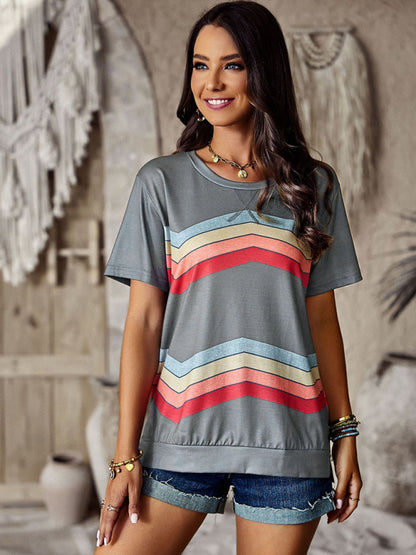 New round neck T-shirt rainbow strip top