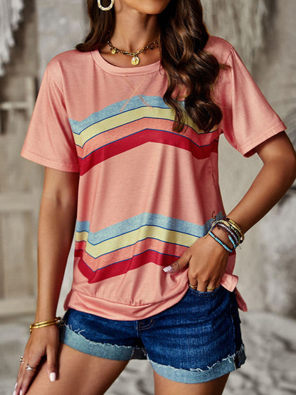 New round neck T-shirt rainbow strip top