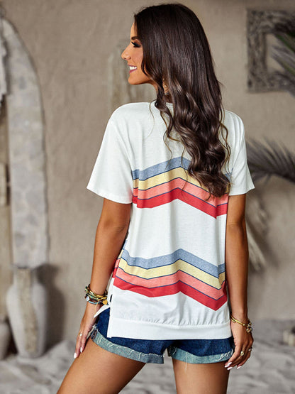 New round neck T-shirt rainbow strip top