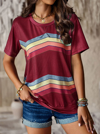 New round neck T-shirt rainbow strip top