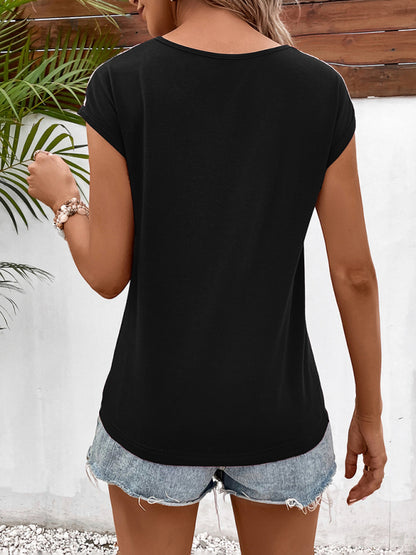 Hollow lace stitching V-neck casual and comfortable short-sleeved T-shirt