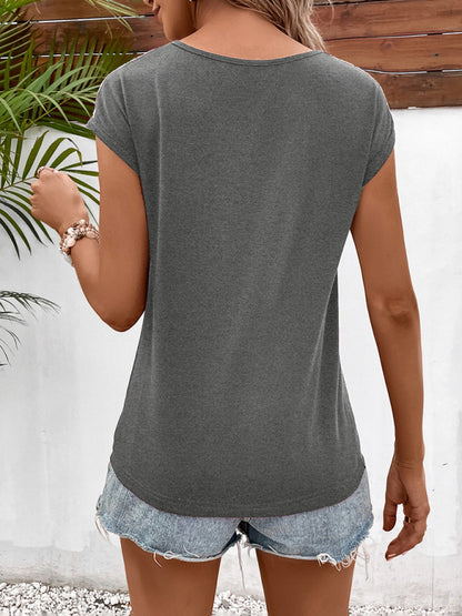 Hollow lace stitching V-neck casual and comfortable short-sleeved T-shirt