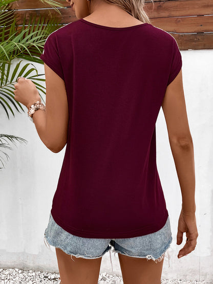 Hollow lace stitching V-neck casual and comfortable short-sleeved T-shirt