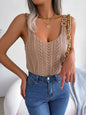 Casual Metal Buckle V-neck Hollow Top Holiday Knitwear