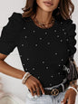 Round Neck Beaded Puff Sleeves Slim Fit Top