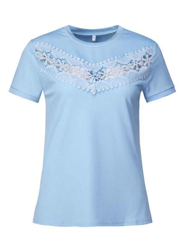 Short-sleeved round neck slim-fit pit bar stitching lace top