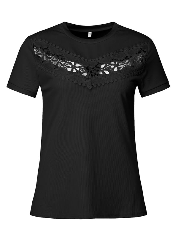 Short-sleeved round neck slim-fit pit bar stitching lace top