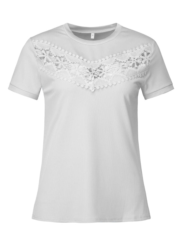 Short-sleeved round neck slim-fit pit bar stitching lace top