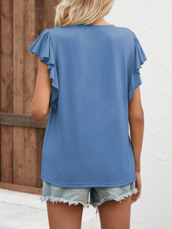 V Neck Ruffle Sleeve Elegant Ladies Short Sleeve Top T-Shirt