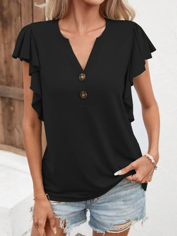 V Neck Ruffle Sleeve Elegant Ladies Short Sleeve Top T-Shirt