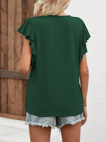 V Neck Ruffle Sleeve Elegant Ladies Short Sleeve Top T-Shirt