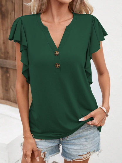 V Neck Ruffle Sleeve Elegant Ladies Short Sleeve Top T-Shirt