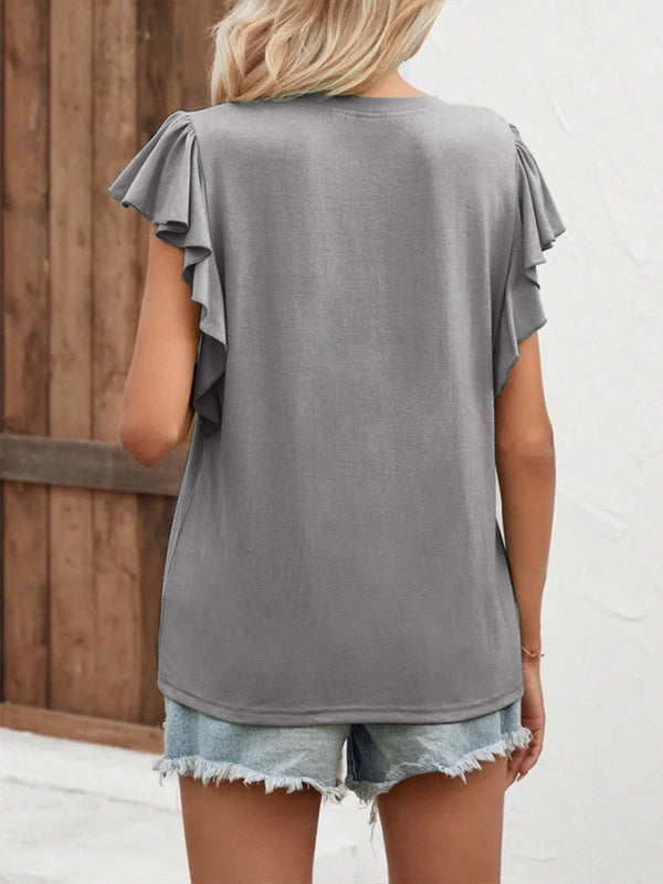 V Neck Ruffle Sleeve Elegant Ladies Short Sleeve Top T-Shirt