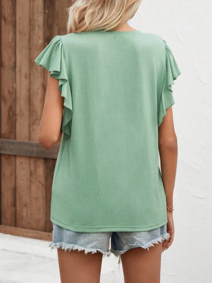 V Neck Ruffle Sleeve Elegant Ladies Short Sleeve Top T-Shirt