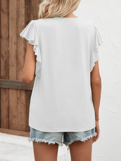 V Neck Ruffle Sleeve Elegant Ladies Short Sleeve Top T-Shirt