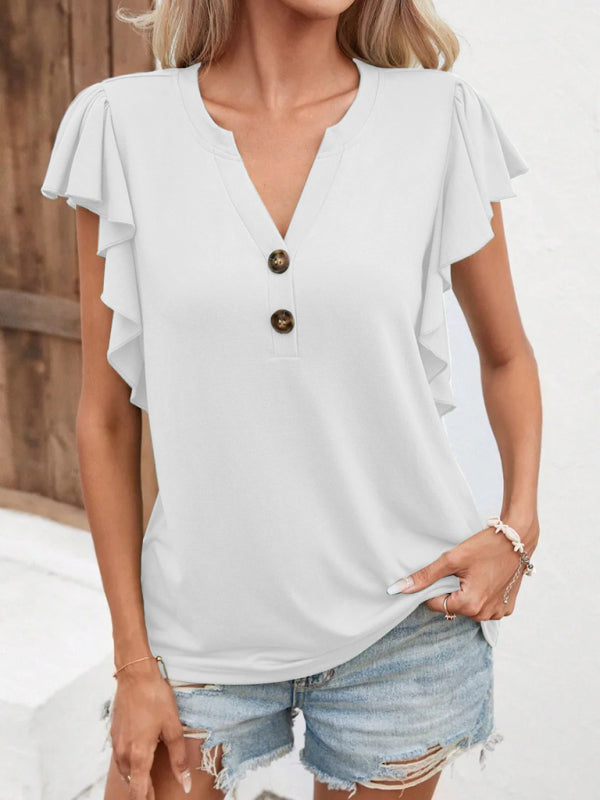 V Neck Ruffle Sleeve Elegant Ladies Short Sleeve Top T-Shirt