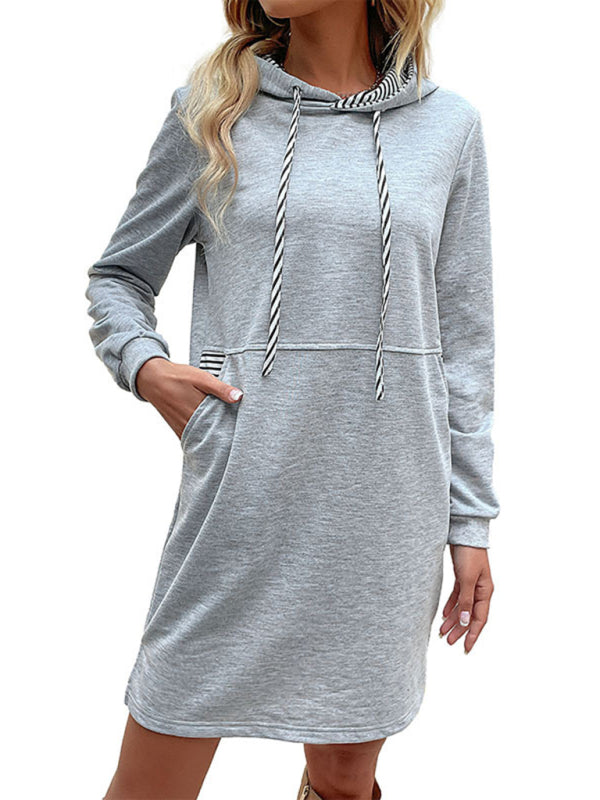 New women's long-sleeved stitching hooded sweater dress