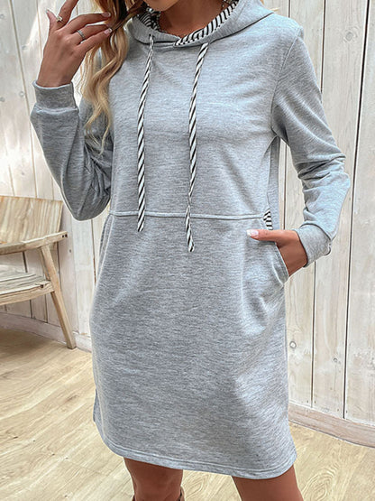 New women's long-sleeved stitching hooded sweater dress