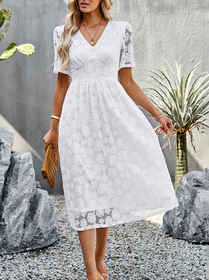 New women's temperament elegant waist V-neck lace dress