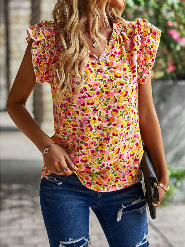 V-neck ruffled floral temperament top