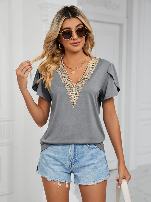 Gold Lace V Neck Tile Short Sleeve Solid Color T-Shirt Top