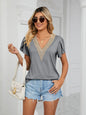 Gold Lace V Neck Tile Short Sleeve Solid Color T-Shirt Top