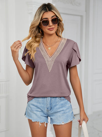 Gold Lace V Neck Tile Short Sleeve Solid Color T-Shirt Top