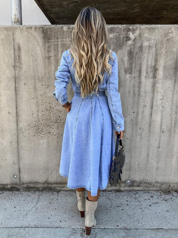 Denim Casual High Waist Pocket Lapel Dress