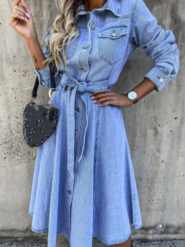 Denim Casual High Waist Pocket Lapel Dress